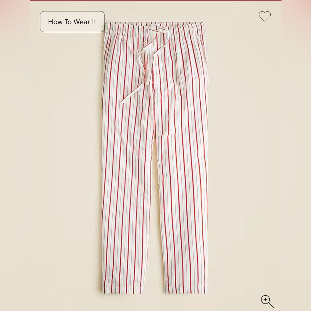 J. Crew Pajama Pant in Cotton Poplin in Ivory/Red Stripe Size L. NWT